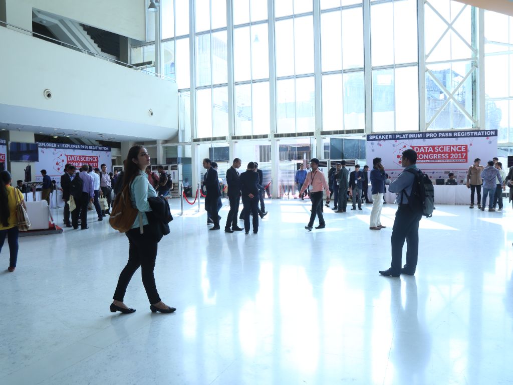 Conference registration lobby and networking area